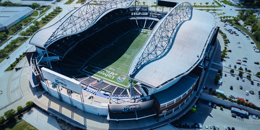 An overhead view of IG Field with a blue tint on the image